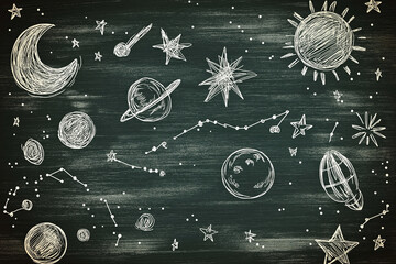 Poster - A hand-drawn chalkboard universe with constellations and celestial bodies