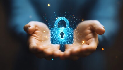 Poster - Data protection and cybersecurity, businessman hand on virtual screen showing personal data security, lock icon, internet network security, privacy, cyber crime, 8K, Midjourney v5