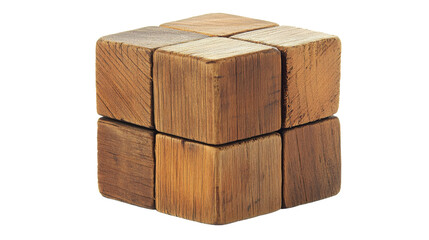 Wooden cube formed by assembling smaller blocks on transparent background