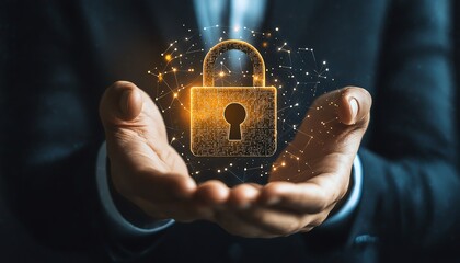 Poster - Data protection and cybersecurity, businessman hand on virtual screen showing personal data security, lock icon, internet network security, privacy, cyber crime, 8K, Midjourney v5