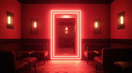 Poster - Captivating Neon Red Light Frame in Modern Lounge Interior