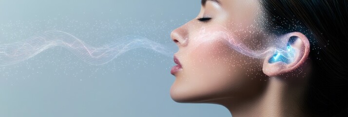 Aufkleber - Soundwave visually represented as particles and energy entering woman's ear, symbolizing hearing, auditory perception, and the sense of sound