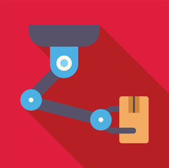 Poster - Robotic arm lifting cardboard box, representing warehouse automation and efficiency in modern logistics