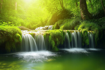 Poster - A hidden waterfall deep in the jungle, surrounded by lush green moss
