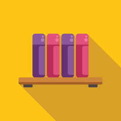 Poster - four colorful books standing on wooden shelf with yellow background, long shadow, flat design vector