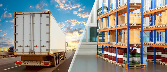Poster - Logistics industry. Truck driving along road. Warehouse with boxes and barrels. Truck delivers goods. Logistics warehouse from inside. Fulfillment goods. Logistics transport for cargo transportation