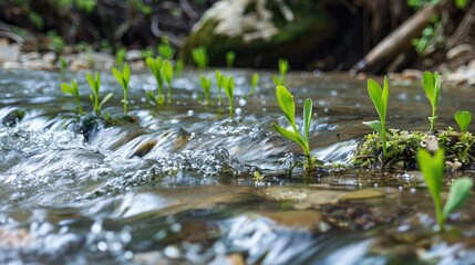 Beautiful spring detailed close up stream of fresh water with young green plants --no text and people, human --chaos 10 --ar 16:9 Job ID: 2dcb3915-bd97-4f50-9c1c-b59229312b72