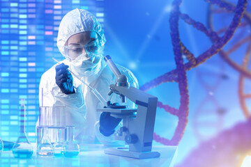 Poster - Geneticist works in lab. Genetic engineering. Female doctor examines genome. Geneticist at table with flasks and microscope. Scientist in protective suit studies DNA. Science of genetic engineering