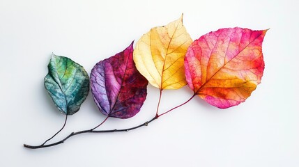Aufkleber - Four vibrant autumn leaves on a twig, arranged in a row against a white background, showcasing a spectrum of colors from green to red.