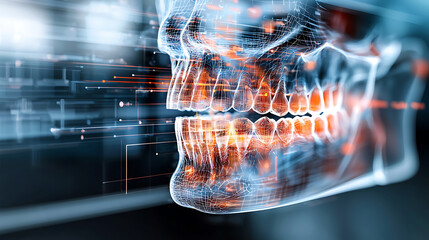 Poster - Dynamic visualization of a human skull in motion digital art advanced technology dark environment 3d perspective