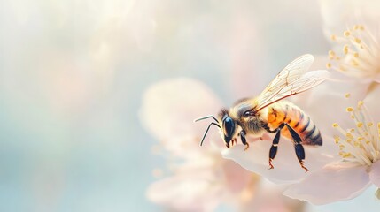Poster - Honeybee pollinating delicate pink blossoms in soft light.