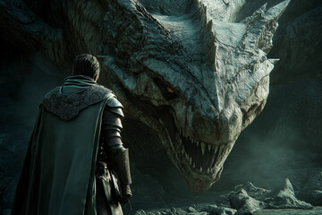 Poster - A knight in enchanted armor standing before a massive ancient dragon