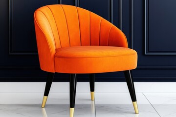 Wall Mural - Luxurious orange velvet armchair set against navy walls with golden accents that enhance sophisticated and bold interior design aesthetic