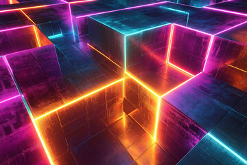 Wall Mural - A mesmerizing 3D fractal structure with infinite depth and glowing neon edges