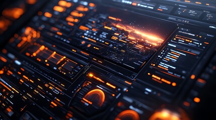 Futuristic digital interface with orange and black HUD elements displaying city landscape.