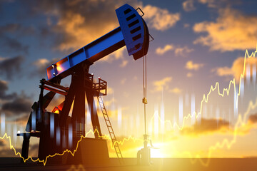 Wall Mural - Oil derrick. Oil price growth charts. Petroleum extraction pump. Oil rig at sunset. Increase in cost of petroleum. Extraction of energy resources. Petroleum deposits. Fuel industry. 3d image