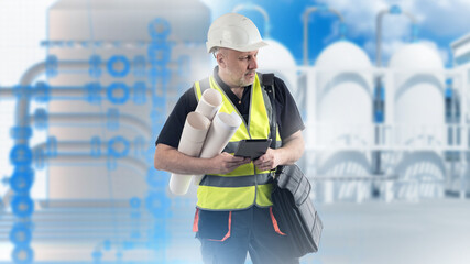 Poster - man industrial engineer. technologist guy near factory. industrial tanks behind worker. engineer wit