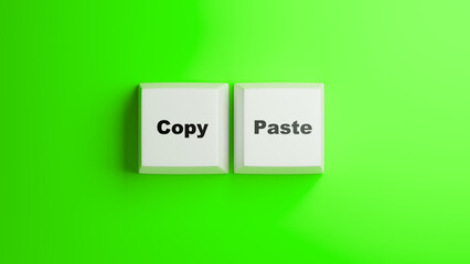 Poster - Copy paste. Computer keys on green. Keyboard buttons labeled copy paste. Keys for creating duplicate information. Data cloning. Buttons for copying text or folders. Copy paste logo. 3d image