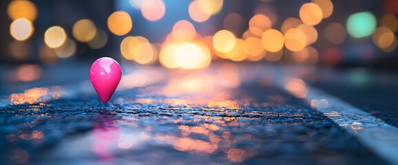 Poster - Pink location pin on a wet city street at night.