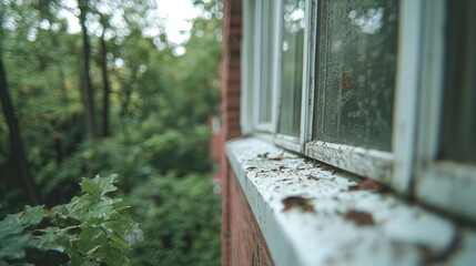 Wall Mural - Windowsill leaves, brick house, green trees, rain