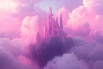 Poster - A mystical floating castle surrounded by soft pink and purple clouds.