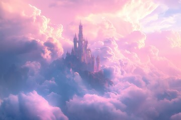 Poster - A mystical floating castle surrounded by soft pink and purple clouds.