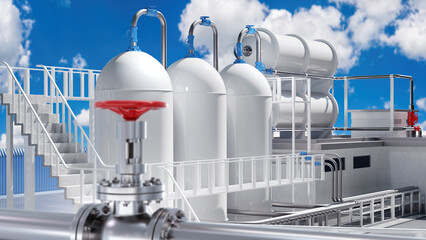 Poster - modern plant. factory exterior. high pressure tanks on plant territory. gas supply pipe near manufac