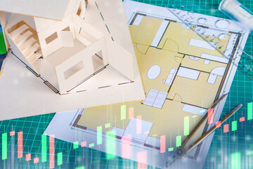 Poster - Architectural drawings. Construction layout. Floor plan of house on architect desk. Design of residential buildings. Income growth chart for architectural companies. Engineering plan for construction