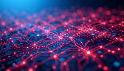 Poster - Abstract Circuit Board: Glowing Red Network in Deep Blue