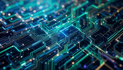 Poster - Glowing Circuit Board: Abstract Teal and Green Tech Art