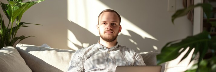 Poster - Young Adult Working From Home, Using Laptop on Sofa in Natural Light, Relaxed and Focused