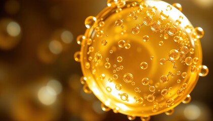 Poster - Microscopic view of golden sphere filled with smaller bubbles resembling cell molecular structure