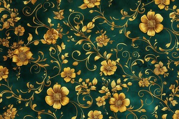 Poster - Elegant floral pattern with golden details on a rich green background showcasing intricate design and craftsmanship