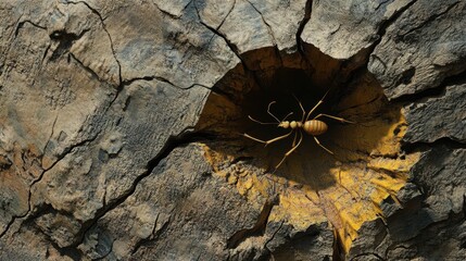Aufkleber - Ant exploring textured bark under soft natural light in a forest setting showcasing intricate details of nature during a sunny day