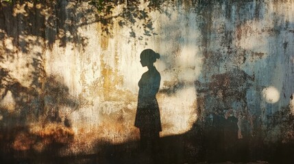 Aufkleber - Shadow silhouette of a person against a textured wall illuminated by warm sunlight in an outdoor setting during late afternoon