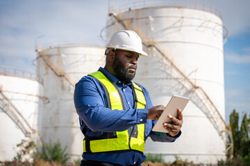 Sticker - Engineers wearing safety gear, including hard hats examining survey standing industrial facility gas or oil refinery engaged in a job requires high safety standards concept.	