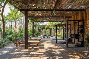 Poster - Exotic outdoor gym nestled in lush greenery showcasing wooden structures and workout equipment in a tropical paradise