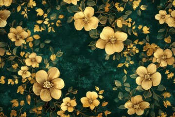 Poster - Elegant floral pattern with golden details on a rich green background showcasing intricate design and craftsmanship