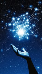 Poster - hand reaching for glowing digital neural network with connected nodes on blue background