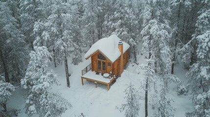 Poster - Snow-covered log cabin nestled in a serene forest during a winter storm, inviting cozy retreat in the wilderness