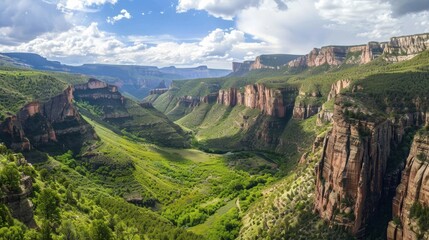 Wall Mural - Breathtaking view of a lush green valley surrounded by rocky cliffs under a partially cloudy sky