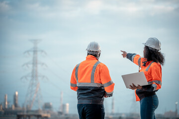 Wall Mural - Engineers wearing safety gear, including hard hats examining survey standing industrial facility gas or oil refinery engaged in a job requires high safety standards concept.	