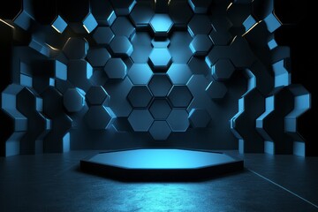 Canvas Print - 3D render, abstract background with an empty black stage and a glowing blue hexagon shape on the floor. Modern wallpaper for product presentation in an e-commerce concept. 