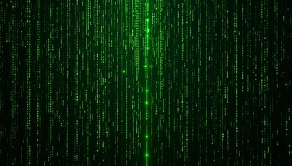 Fototapete - Digital Rain: Glowing Green Code Streams in Dark Abstract Art