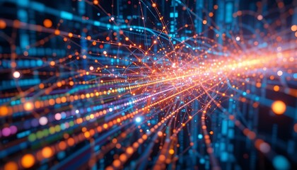 Fototapete - Digital Stream: Abstract Network of Glowing Lines and Nodes