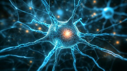 Poster - Glowing Blue Neuron Network A Microscopic View of Synaptic Connections and Neural Activity