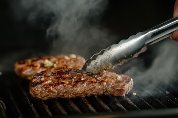 Grilling Hot Food with Tongs on Smoky Grill