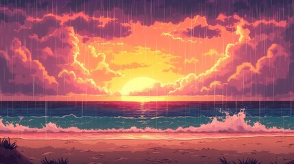 Wall Mural - A beautiful sunset over the ocean, with clouds and rain falling in front of it. The beach is visible on one side