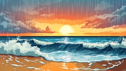 Wall Mural - A beautiful sunset over the ocean, with clouds and rain falling in front of it. The beach is visible on one side