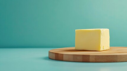 Poster - A cube of butter on a wooden board against a teal background.